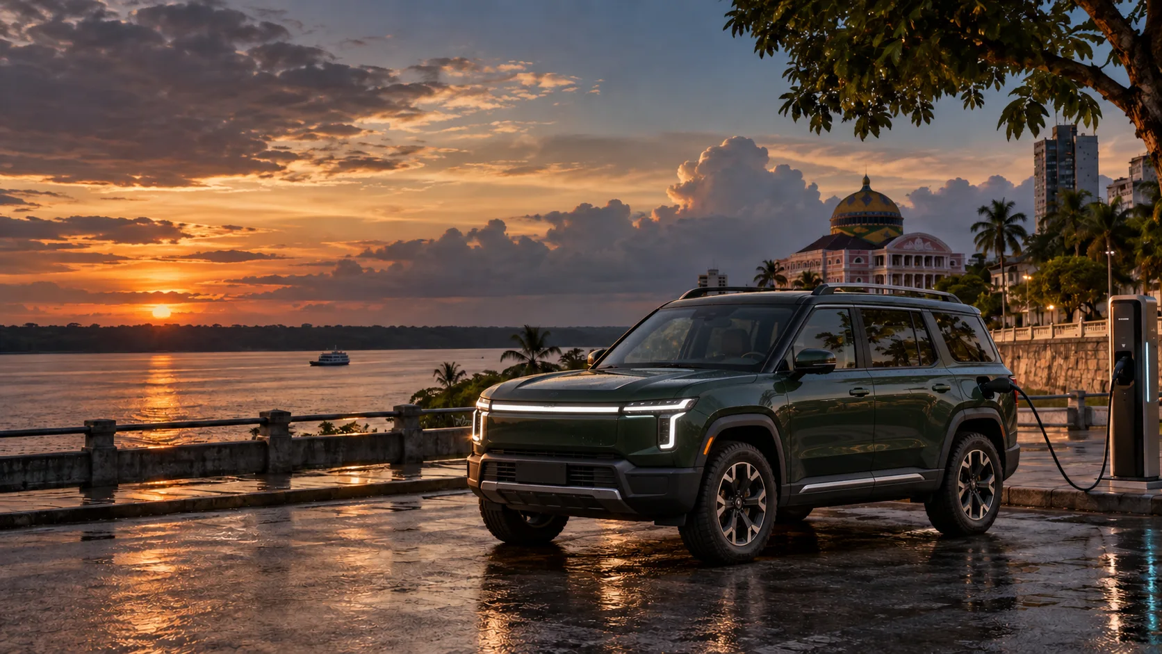 SUV elétrico conectado a um carregador diante do Rio Negro em Manaus
